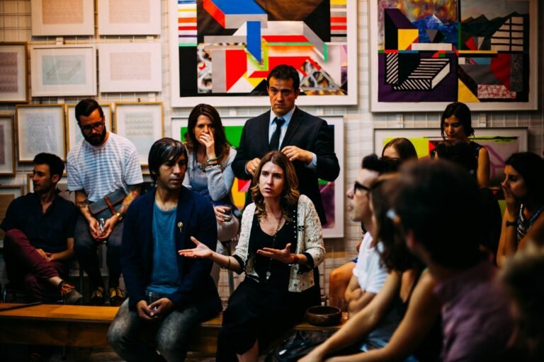 Group of professionals in a lively discussion